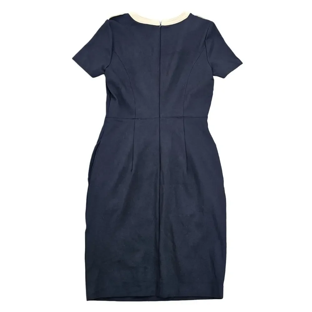 Black Knit Dress Tan Contrast Trim Epaulet Brooks Brothers Size 2 Stretch Pocket - Picture 8 of 9